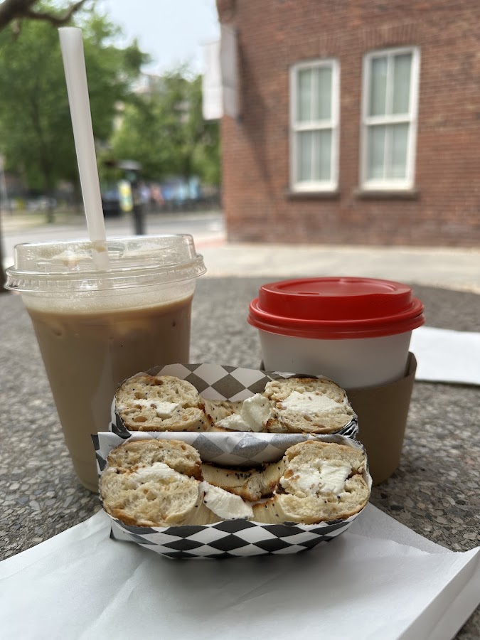 Bagel and coffee outdoors at Berkeley Cafe